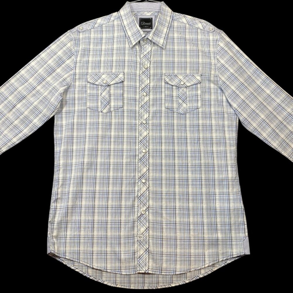 7 Diamonds Mens Size M Plaid Pearl Snap Long Sleeve Shirt Blue/White 100% Cotton